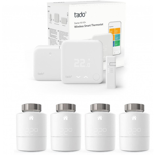 Tado - Kit de démarrage V3+ - Thermostat Intelligent sans fil + 4x Têtes Thermostatiques Intelligentes - Quattro Pack Tado - Appareils compatibles Amazon Alexa