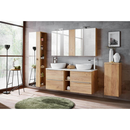 Meubles de salle de bain Ac-Deco Ensemble meuble vasques à poser + Armoire miroir + Grande armoire - 140 cm - Capri Oak