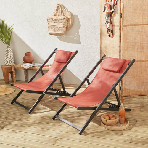 Transats, chaises longues sweeek Lot de 2 bains de soleil - Gaia terra cotta - Transat en aluminium et textilene avec repose tête | sweeek