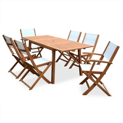 sweeek - Salon de jardin en bois Almeria, table 120-180cm rectangulaire, 2 fauteuils et 4 chaises eucalyptus  et textilène blanc | sweeek sweeek - Ensembles tables et chaises Pliable