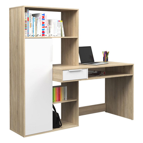 Alter - Bureau multifonction avec bibliothèque, Table d'étude, parfait pour une chambre ou un bureau moderne, cm163x60h155, couleur Blanc et Chêne Alter  - Mobilier de bureau