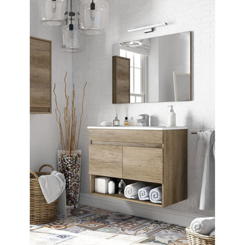 Alter - Meuble sous-vasque suspendu, avec deux portes battantes et une étagère et un miroir, coloris chêne imitation bois brut, 80 x 64 x 45 cm. Alter - Meuble sous vasque Salle de bain, toilettes