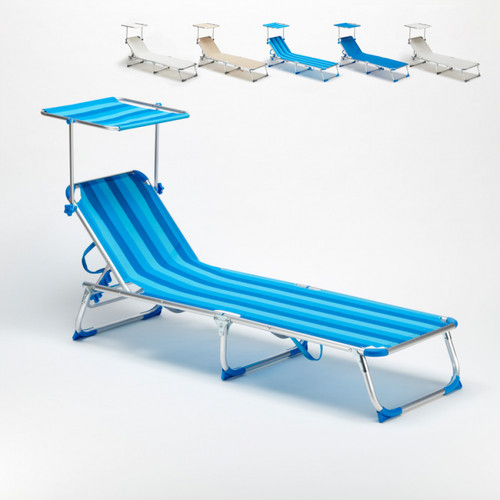 Transats, chaises longues Beach And Garden Design Lit de plage pliant bain de soleil transat piscine portable pare-soleil California, Couleur: Rayures Bleues