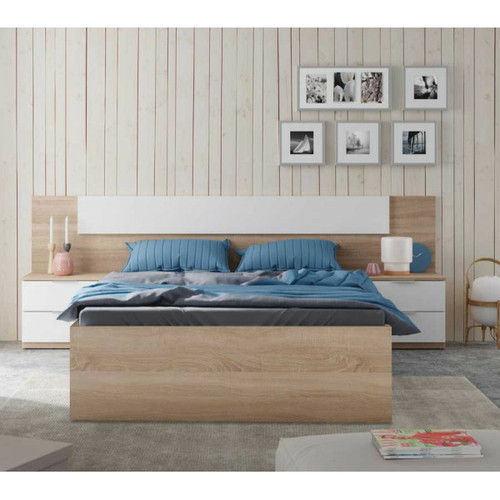 Dansmamaison - Tête de lit avec chevets Chêne et Blanc - NEEN Dansmamaison - Literie Bleu, bois foncé