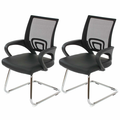 Chaises Decoshop26 2x fauteuils chaises de bureau sans roulettes chaise de conférence visiteur en synthétique et maille noir 04_0000180