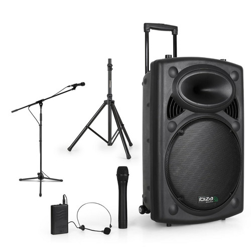 Ibiza Sound - Enceinte sono portable 15" 800W - USB/BT/REC + 2 Micros VHF + Pied + Pied Micro + Câble PC Ibiza Sound  - Home-cinéma