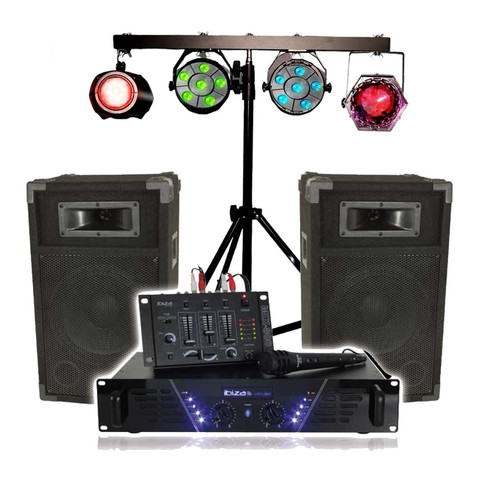 Ibiza Sound - Kit de sonorisation IBIZA DJ-300, complet avec 2 enceintes, amplificateur, table de mixage, Portique Lumières DJ, Câbles Ibiza Sound - Instruments de musique