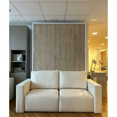 Inside 75 - Armoire lit escamotable ouverture électrique Malaga Sofa façade chêne structure blanc 140*200 cm. Inside 75 - Canape assise 40 kg m3