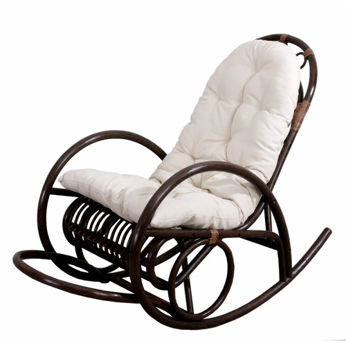 Fauteuils Mendler Rocking-chair fauteuil à bascule HWC-C40, bois marron ~ coussin blanc