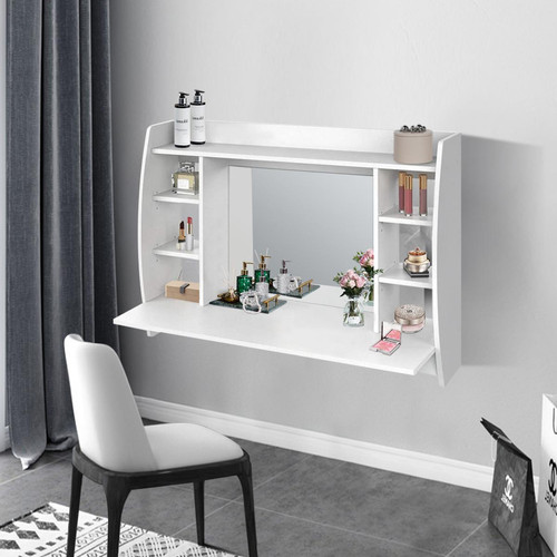 Coiffeuse ML design modern living Table de coiffeuse de maquillage suspendue murale  blanc avec miroir et étagères