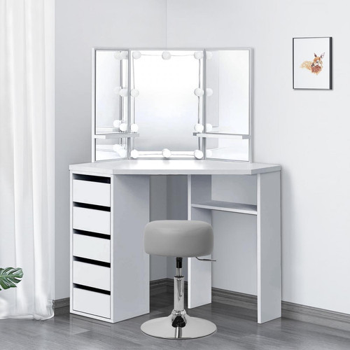 ML design modern living - Table de maquillage d'angle coiffeuse avec miroir et LED + tabouret gris clair ML design modern living - Chambre