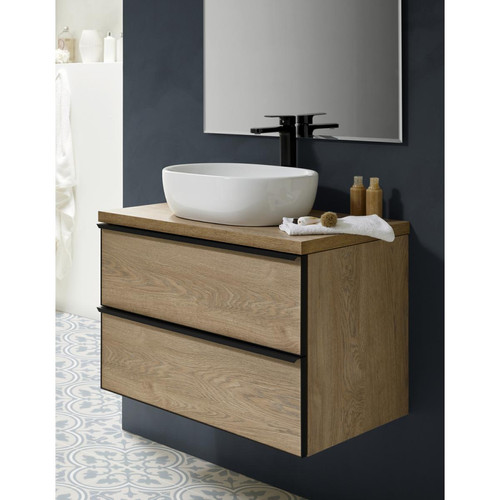meuble bas salle de bain Pegane Meuble de salle de bain avec 2 tiroirs suspendus couleur chêne nordique + vasque à poser + miroir - Longueur 60 x Hauteur 50 x Profondeur 46,5 cm