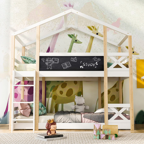 Lit enfant Sweiko Lit cabane avec échelle 90 x 200 cm, lit mezzanine pour enfants- 2x sommier- Nature & Blanc