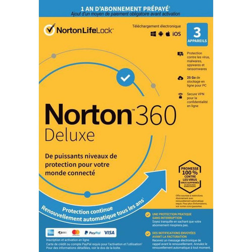 Antivirus Symantec Norton Logiciel Norton Antivirus Lifelock 360 Deluxe 2022 | 3 postes |