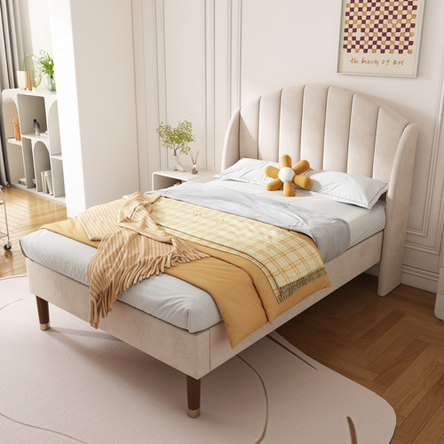 Universal - lit ado, lit simple, tête de lit capitonnée, support à lattes en bois, velours, Beige 90*200cm Universal - Lit enfant Beige lilas