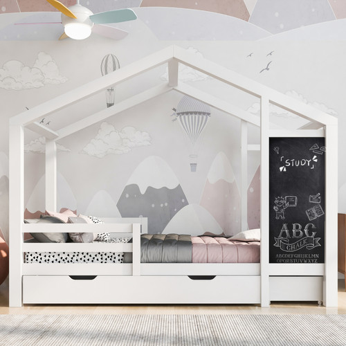 Universal - Lit cabane enfant 90x200 cm, avec tableau noir, 2 tiroirs, sommier à lattes, antichute, pin massif - Blanc Universal  - Chambre Enfant