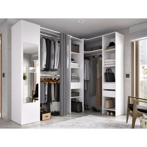 Vente-Unique - Dressing d'angle avec rideau et 1 porte - Avec miroir - L231 cm - Blanc et gris - BERTRAND Vente-Unique - Chambre