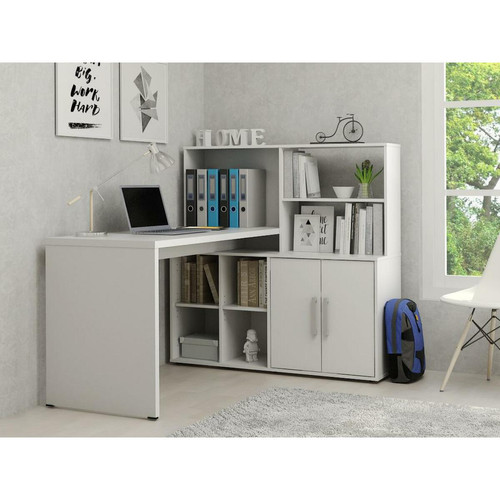 Vente-Unique - Bureau d'angle LEON avec rangements et étagères - Blanc Vente-Unique - Mobilier de bureau Blanc / gris