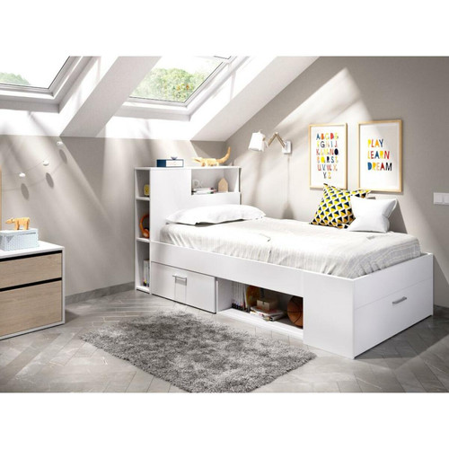Vente-Unique - Lit avec tête de lit rangements et tiroir - 90 x 190 cm - Blanc + Sommier - LEANDRE Vente-Unique - Vente-Unique