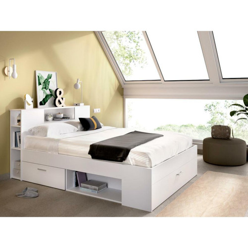 Vente-Unique - Lit avec tête de lit rangements et tiroirs - 140 x 190 cm - Coloris : Blanc + Sommier + Matelas - LEANDRE Vente-Unique - Vente-Unique