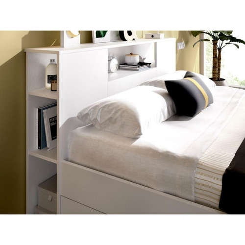 Ensembles de literie Vente-Unique Lit avec tête de lit rangements et tiroirs - 140 x 190 cm - Coloris : Blanc - LEANDRE