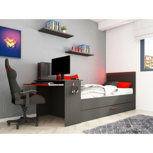Vente-Unique - Lit gigogne gamer 2 x 90 x 200 cm - Avec bureau - LEDs - Anthracite et rouge - VOUANI Vente-Unique  - Ensembles de literie