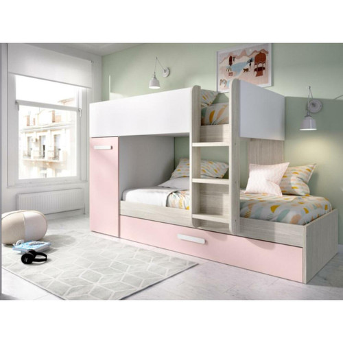 Vente-Unique - Lits superposés avec tiroir lit gigogne et rangements 3 x 90 x 190 cm - Blanc, naturel et rose - ANTHONY Vente-Unique  - Chambre Enfant