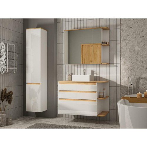 meuble bas salle de bain Vente-Unique Meuble de salle de bain suspendu bois et blanc avec simple vasque, colonne et armoire de toilette - 94 cm - ANIDA