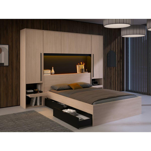 Vente-Unique - Pont de lit avec rangements - Avec LEDs - L265 cm - Coloris : Naturel et noir - VELONA Vente-Unique - Literie