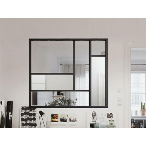 Séparation de pièce Vente-Unique Verrière atelier design en aluminium thermolaqué avec miroirs 150x130 cm - Noir - ELEXIA