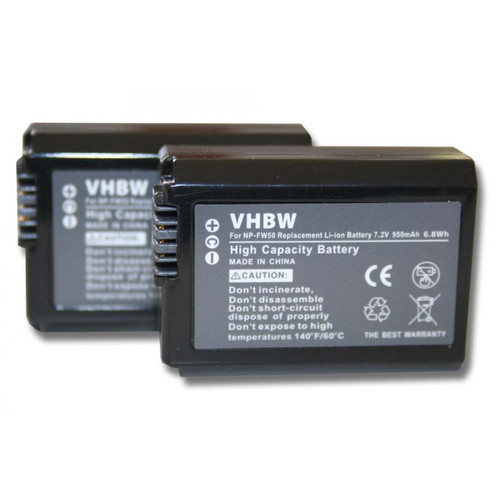Batterie Photo & Video Vhbw vhbw 2x Batteries remplacement pour Sony NP-FW50 pour appareil photo, reflex numérique (950mAh, 7,2V, Li-ion) avec puce d'information