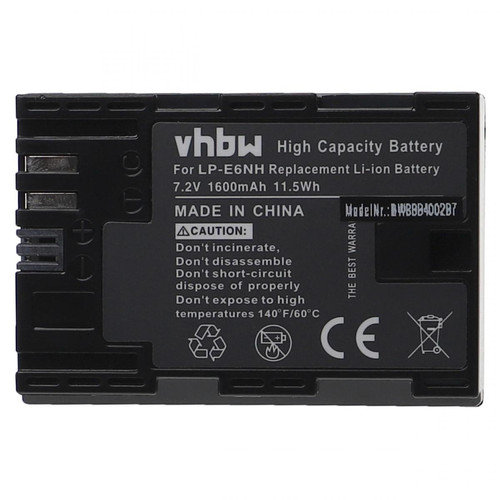 Batterie Photo & Video Vhbw vhbw Batterie compatible avec Canon EOS 80D, 6D Mark II, 70D, 7D Mark II, 6D, 7D, 60Da, 60D appareil photo, reflex numérique (1600mAh, 7,2V, Li-ion)