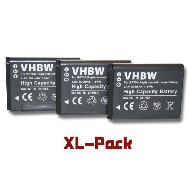 Batterie Photo & Video Vhbw vhbw set 3 batteries 500mAh appareil photo Samsung ST70,ST76, ST77, ST78, ST79, ST80, ST88, ST90, ST93, ST95 comme BP70a / BP-70a / SLB-70A / EA-BP70A