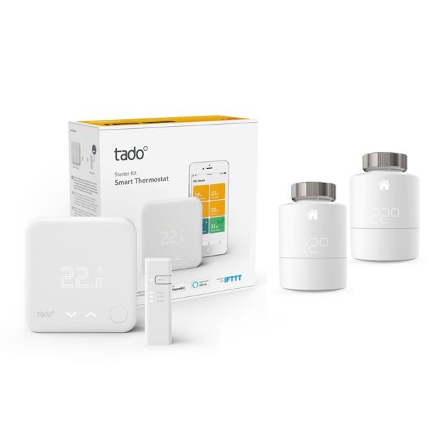 Tado - Kit de démarrage V3+ - Thermostat Intelligent + Bridge Internet + 2 têtes thermostatique Tado - Appareils compatibles Amazon Alexa