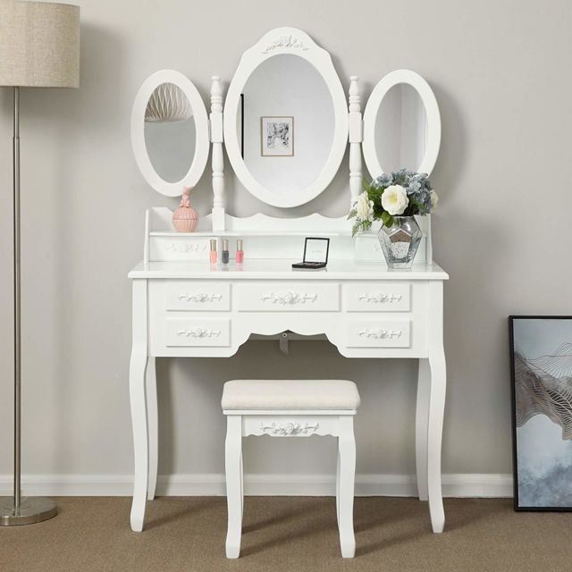 Songmics - SONGMICS Coiffeuse Table de maquillage blanche avec 3 miroirs rabattables, 7 tiroirs et 1 tabouret 90 x 40 x 145 cm (L x l x h) RDT91W Songmics - Coiffeuse Avec miroir
