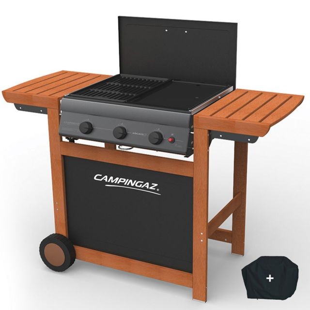 Barbecues gaz Camping Gaz Barbecue a gaz grill et plancha CAMPINGAZ Adelaide 3 Woody L piezo 14 KW duo grill plancha HOUSSE OFFERTE