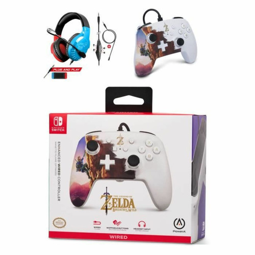 Manettes Switch Power A Manette SWITCH Filaire Nintendo ZELDA Hero's Ascent Officielle + Casque Gamer PRO H3 Rouge BLEU SPIRIT OF GAMER SWITCH