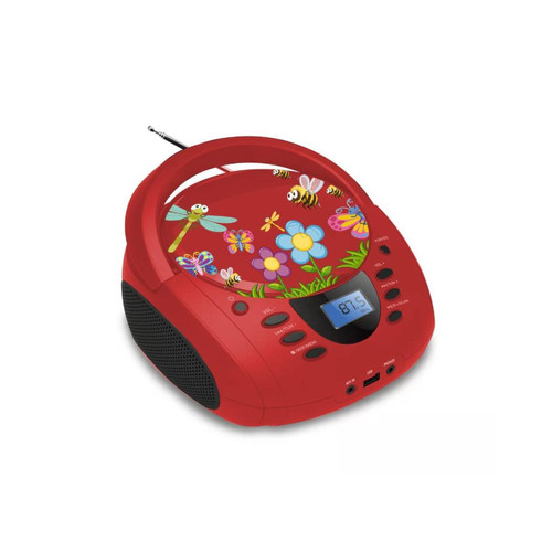 Radio, lecteur CD/MP3 enfant We Lecteur - Radio CD - USB WeKids: FM, Lecteur CD/CD-R/CD-RW/MP3, RMS2*2W, entrée Aux et Micro, modèle Rouge insecte