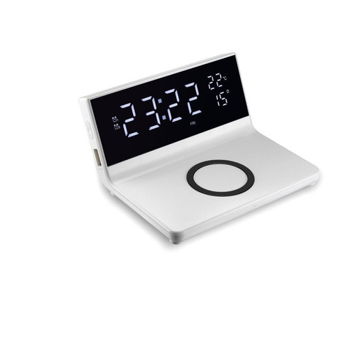 Radio, lecteur CD/MP3 enfant We Réveil avec chargeur induction à 15W max, double alarme, lumiosité réglable, 1 port USB pour la charge, affichage l'heure, la tempétarure intérieure et la date
